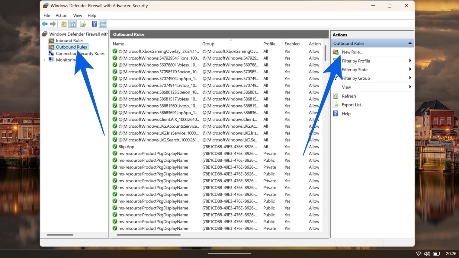 Windows Defender Firewall interface displaying the list of active Outbound Rules