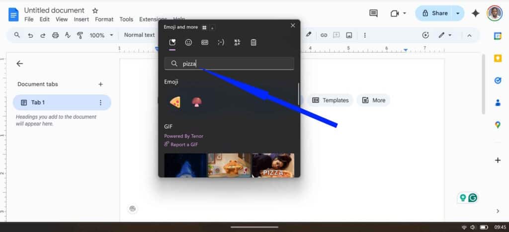 Windows Emoji Panel search results for pizza displaying relevant emojis and Tenor GIFs.