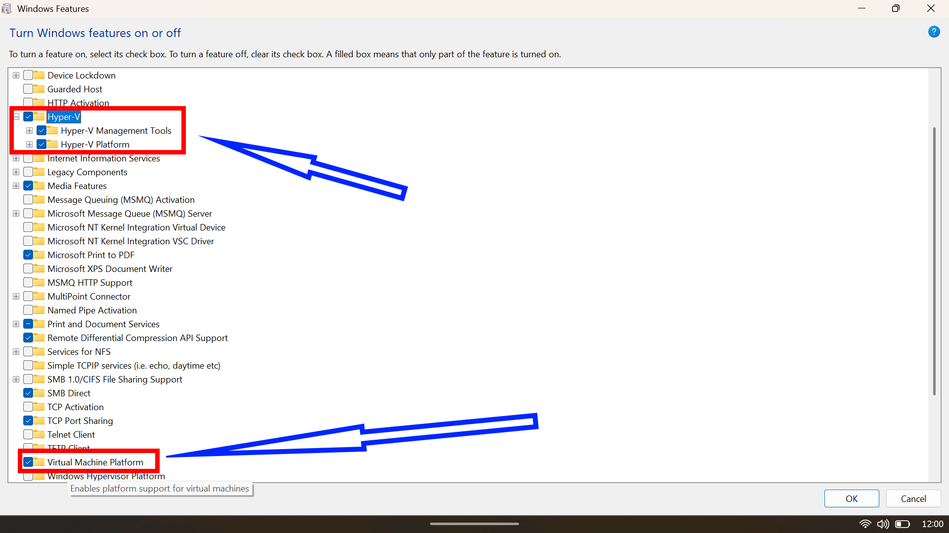 Windows Features dialog showing Hyper-V and Virtual Machine Platform enabled for emulation support.