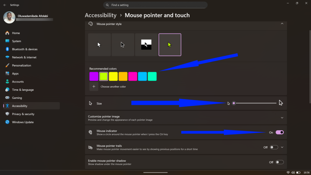 Windows Mouse pointer settings.