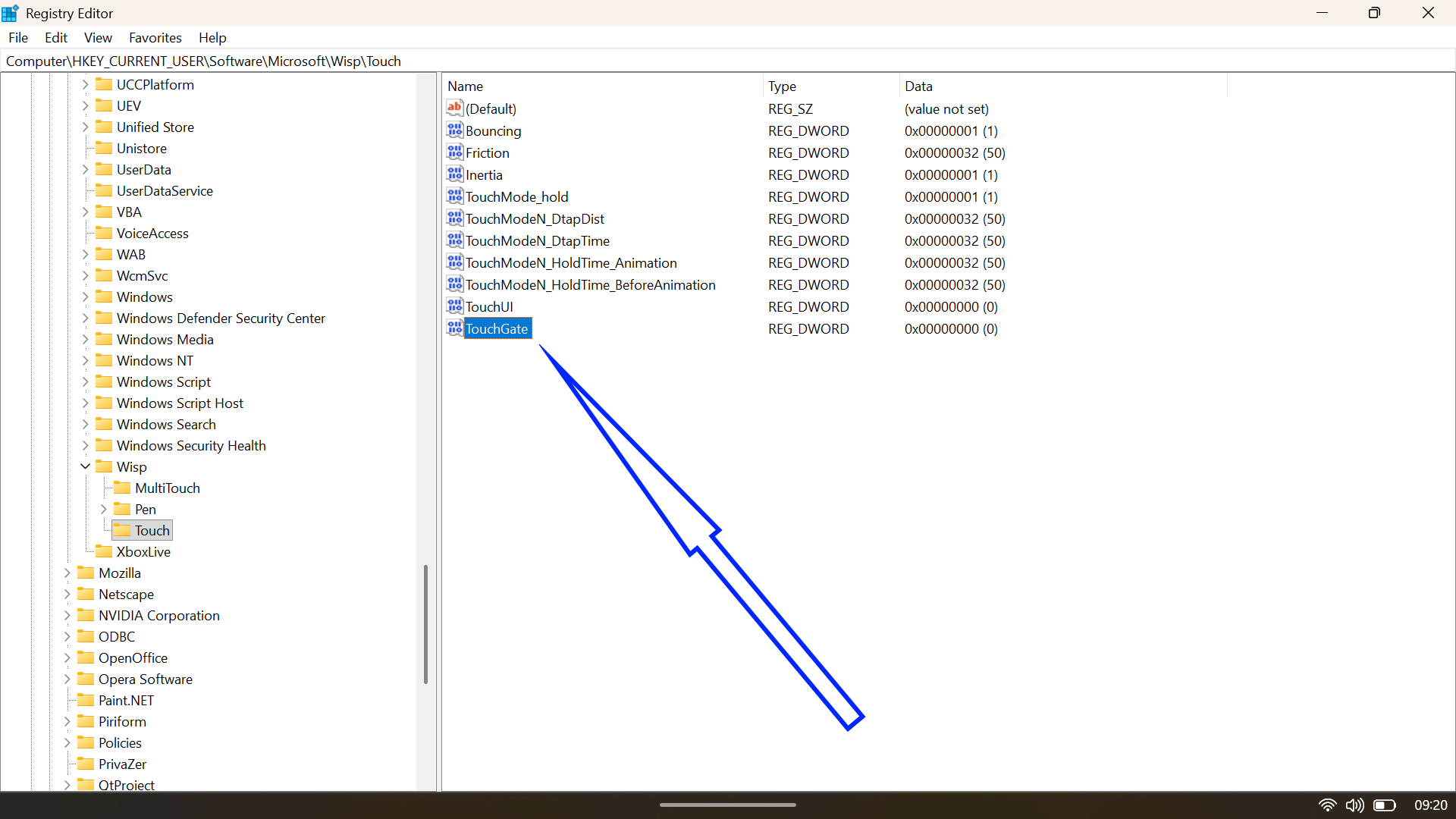 Windows Registry Editor showing the TouchGate value.