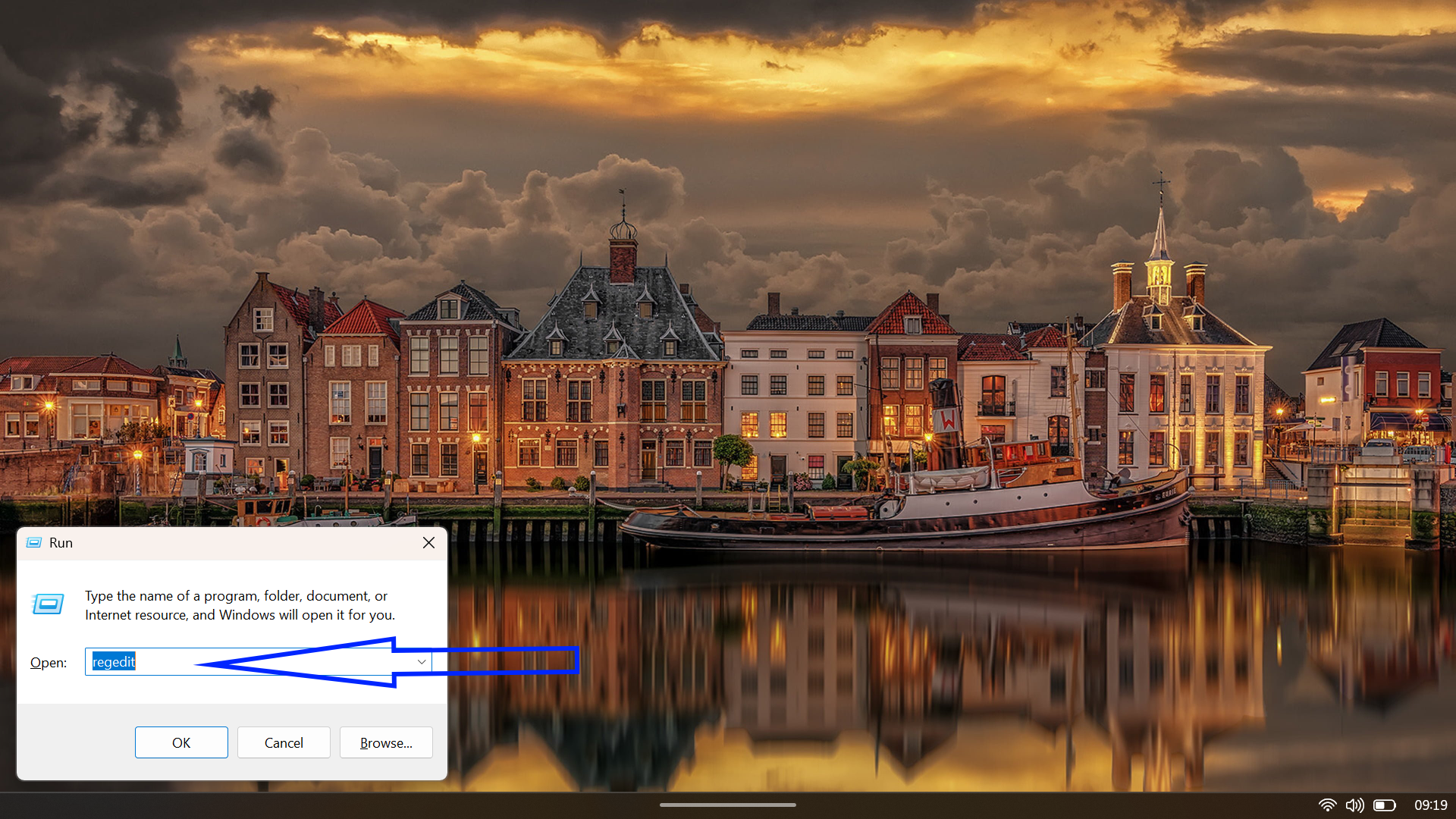 Windows Run dialog box with regedit typed in to launch the Registry Editor.