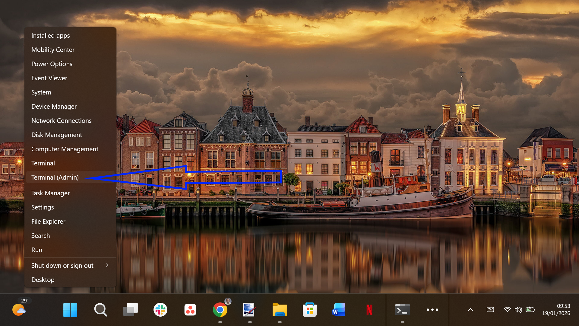 Windows Start context menu highlighting the Terminal (Admin) option to launch PowerShell with elevated privileges.