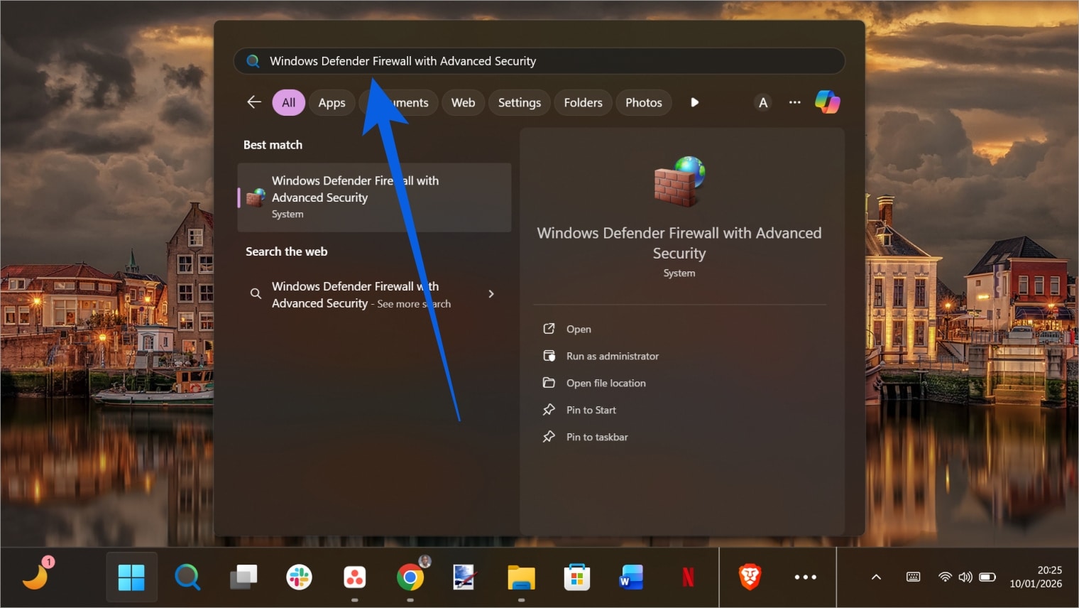 Windows Start menu search result for Windows Defender Firewall with Advanced Security