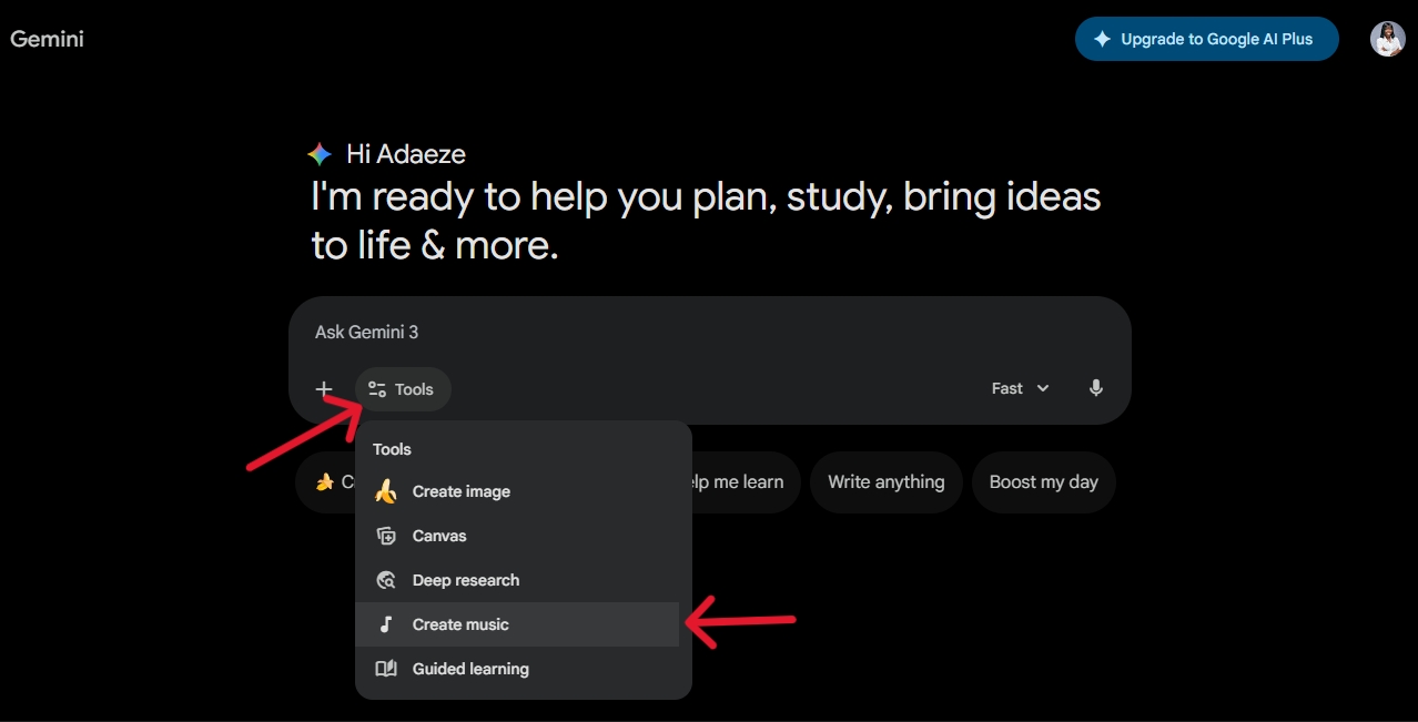 Create music option under Tools in Google Gemini