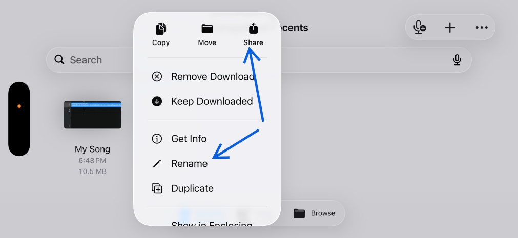 Double-tap project to rename it, then press and hold it and select Share
