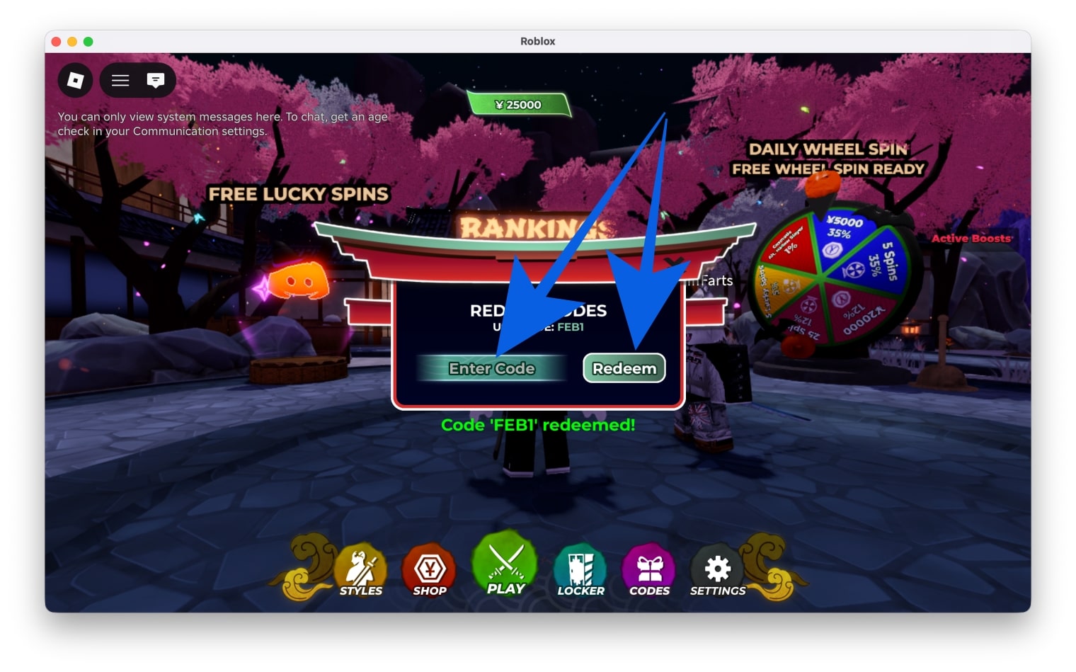 Enter the code in the box, then click the Redeem button