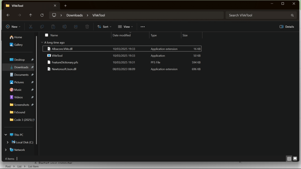 File Explorer window showing extracted ViVeTool files, including ViVeTool.exe and required application extensions.