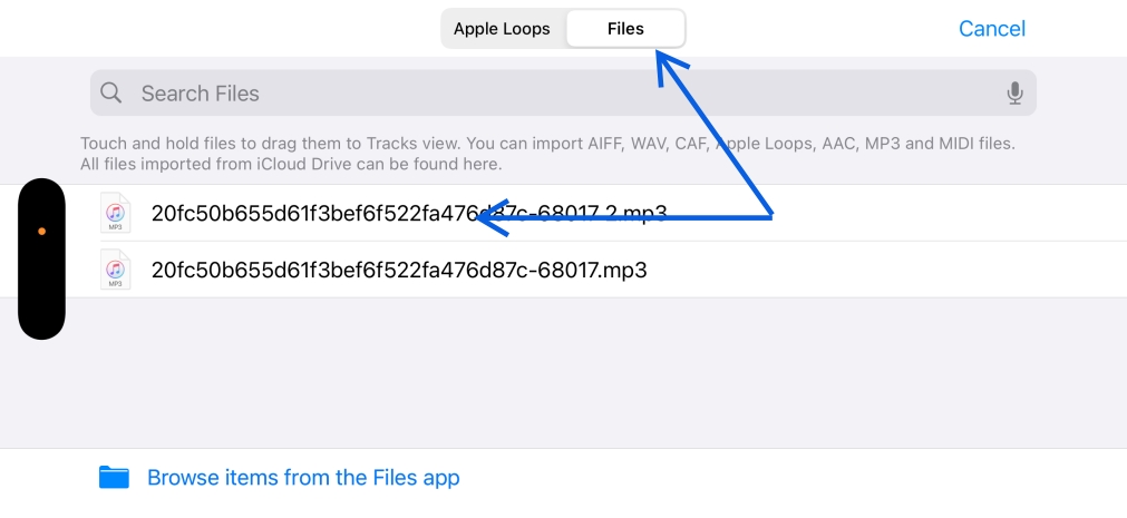 Go to Files or Music, find your downloaded song, then drag it into timeline workspace in GarageBand