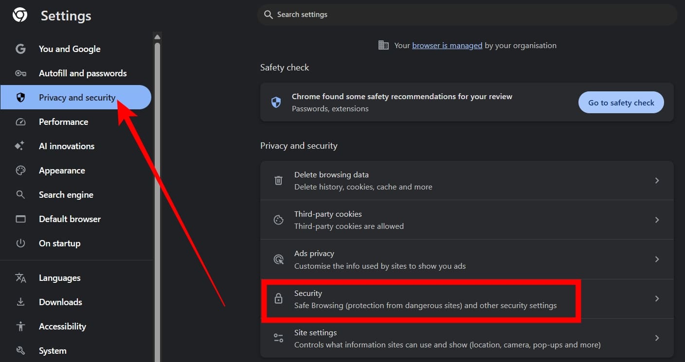 Go to Privacy and security, Click Security in Chrome on PC