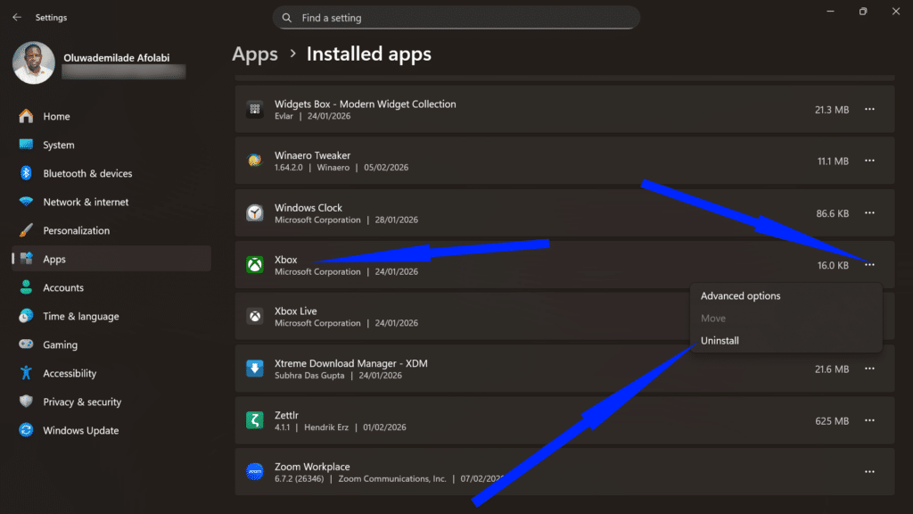 Installed apps list showing the Xbox app with the Uninstall option highlighted in the kebab menu.
