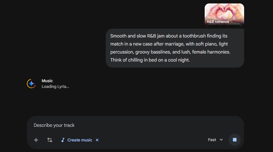 Lyria 3 loading in Google Gemini after music generation request has been sent