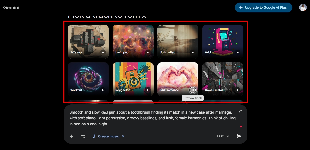 My prompt in text bar in Google Gemini alongside template gallery of tracks that can be remixed
