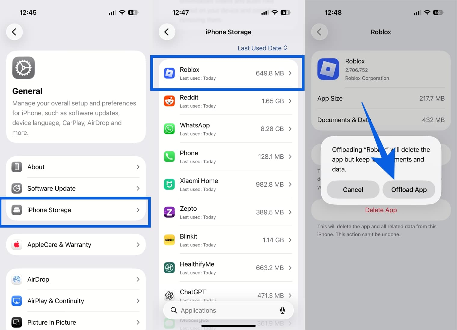 Offload or delete the app Roblox to clear up space