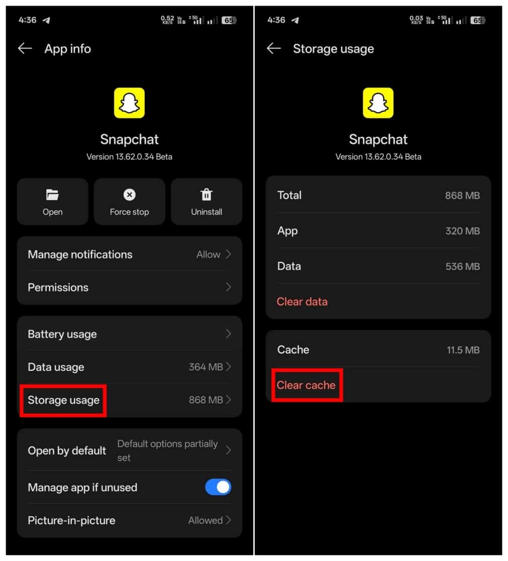 On Android, Tap Storage, then select Clear Cache