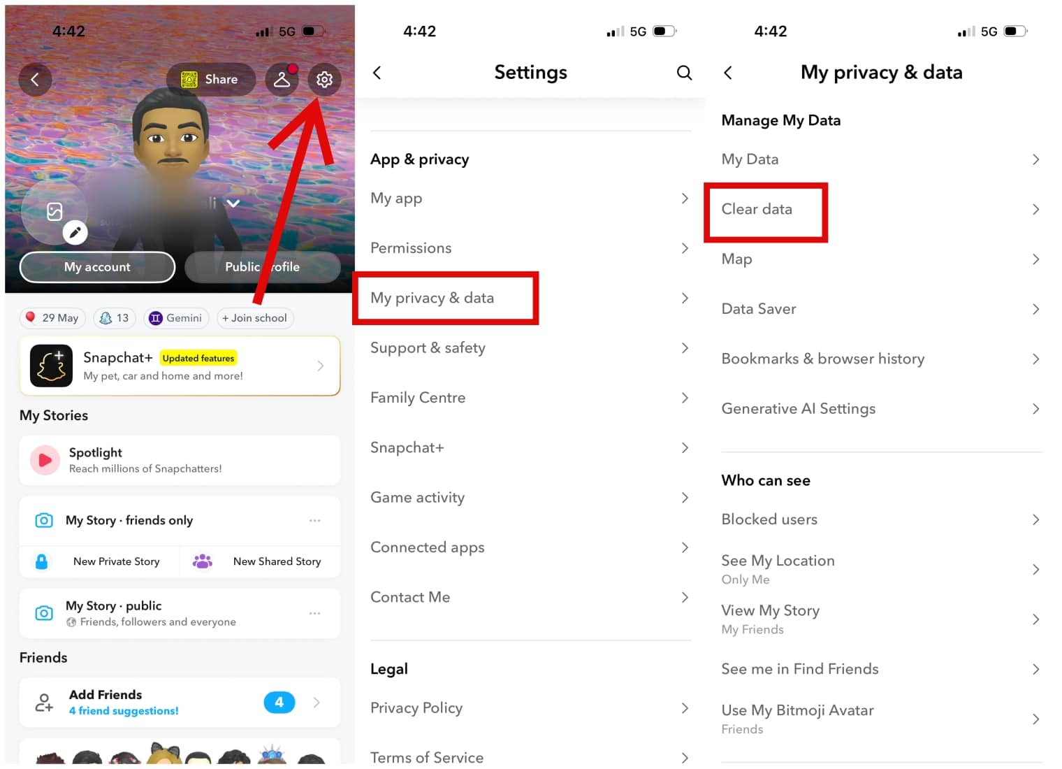 On iPhone, Open Snapchat, tap Bitmoji, go to Settings, then select My Privacy & Data and tap Clear Data