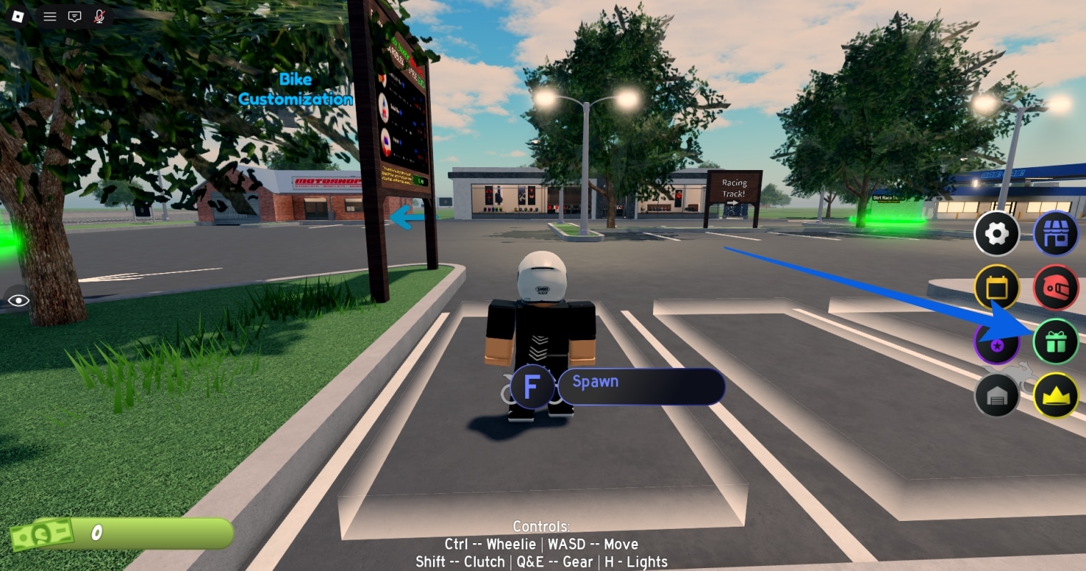 Open MotoRush on Roblox and click the Gift Box icon