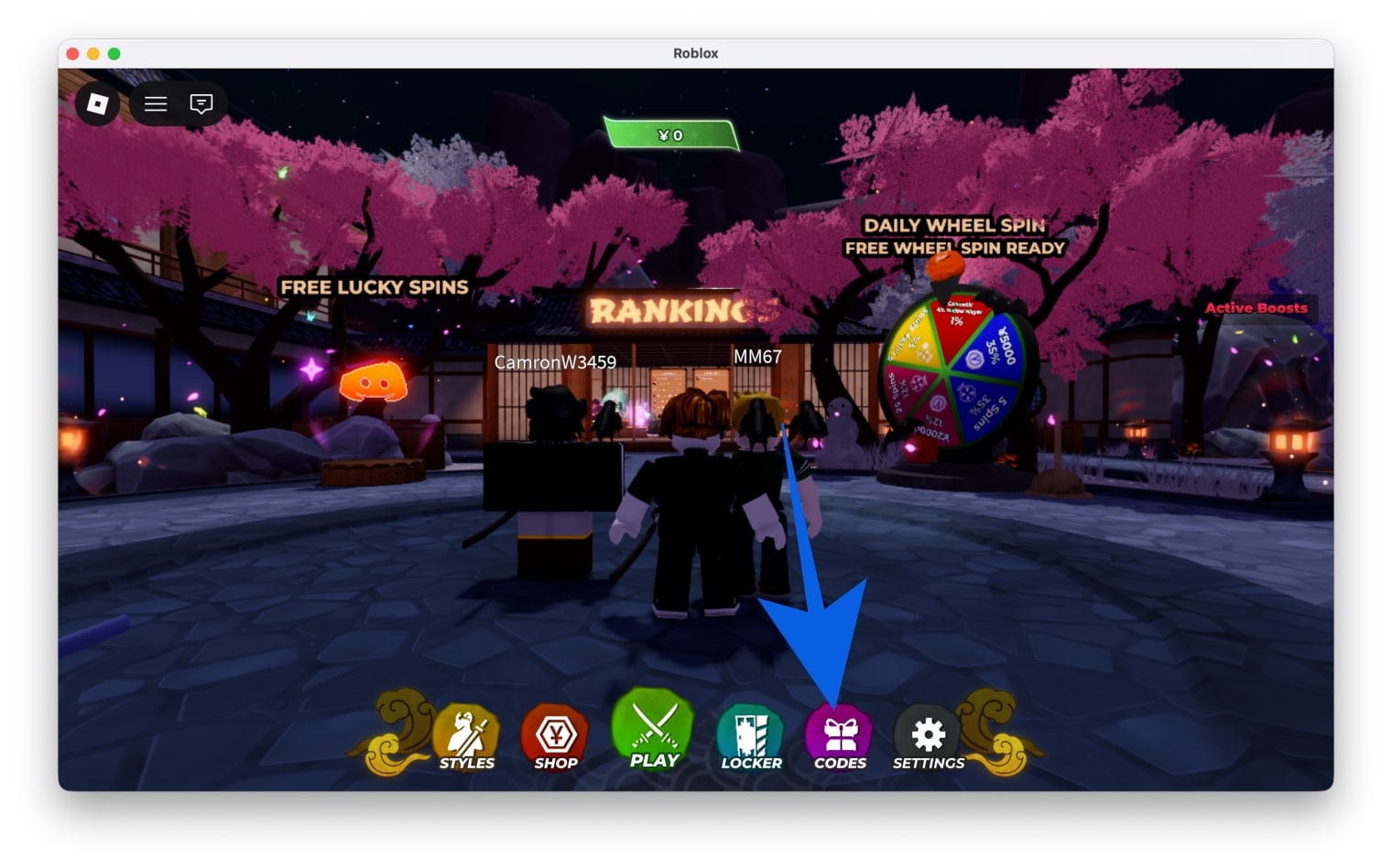 Open Roblox, launch Mugen, wait in the lobby, then click the Codes button