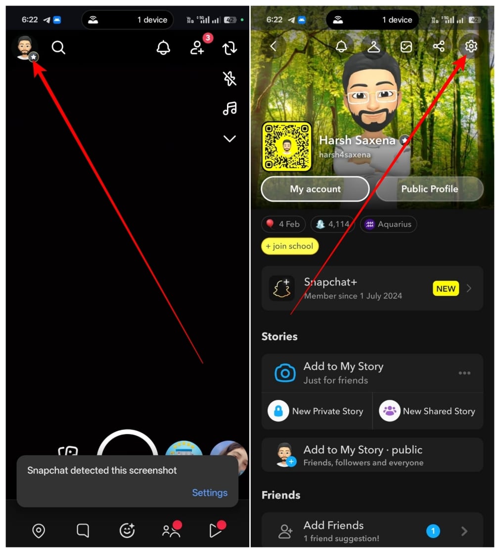 Open Snapchat on Android, tap your Bitmoji, then tap Settings icon