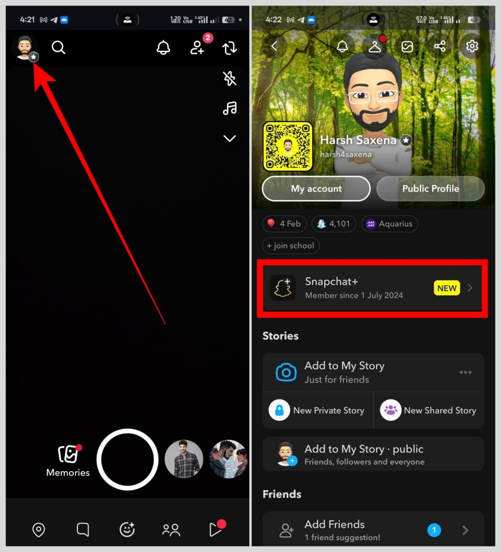 Open Snapchat, tap your Bitmoji at the top left, then select Snapchat+
