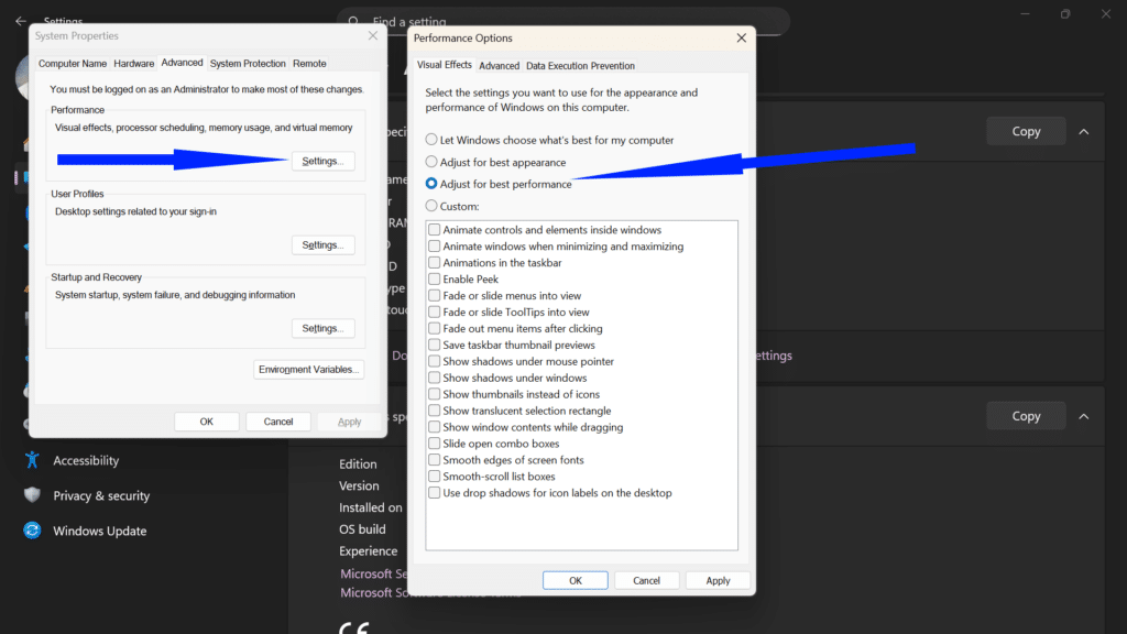 Performance Options window with the Adjust for best performance radio button selected to disable visual effects.