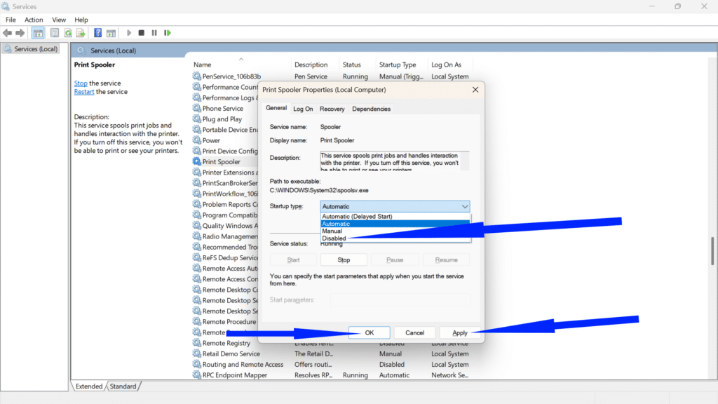 Print Spooler Properties window with arrows showing how to set the Startup type to Disabled.