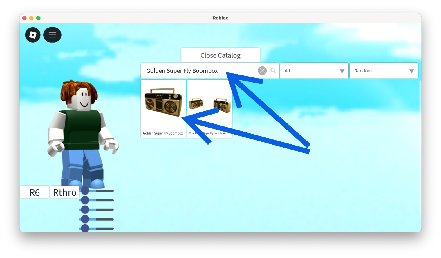 Search for Golden Super Fly Boombox, click to equip it, then close catalog