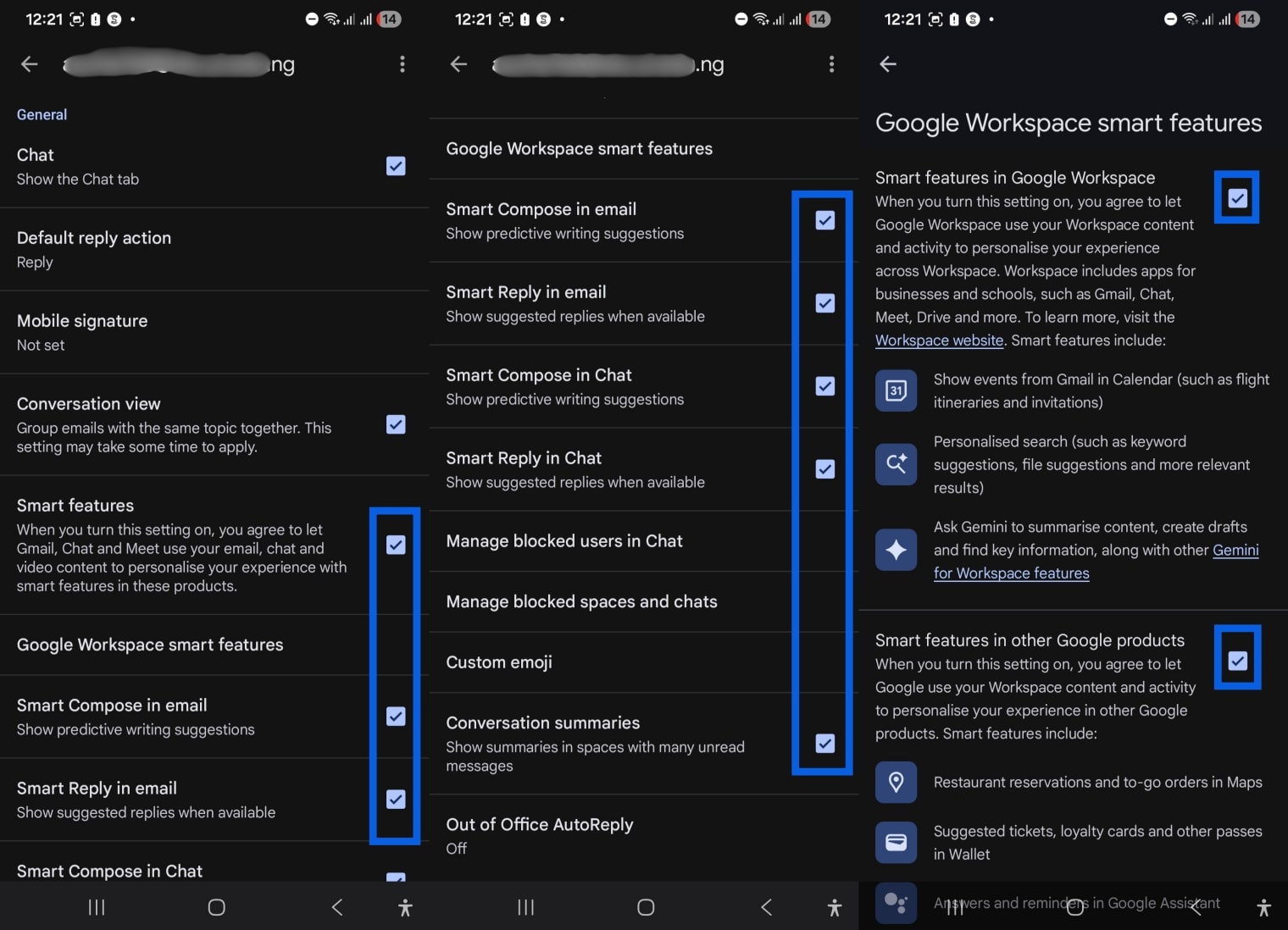 Several smart features under General section of settings page in Gmail