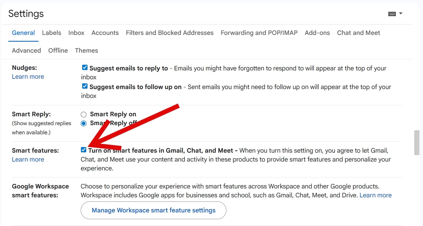 Several smart features under General sectionin Gmail on desktop web browser