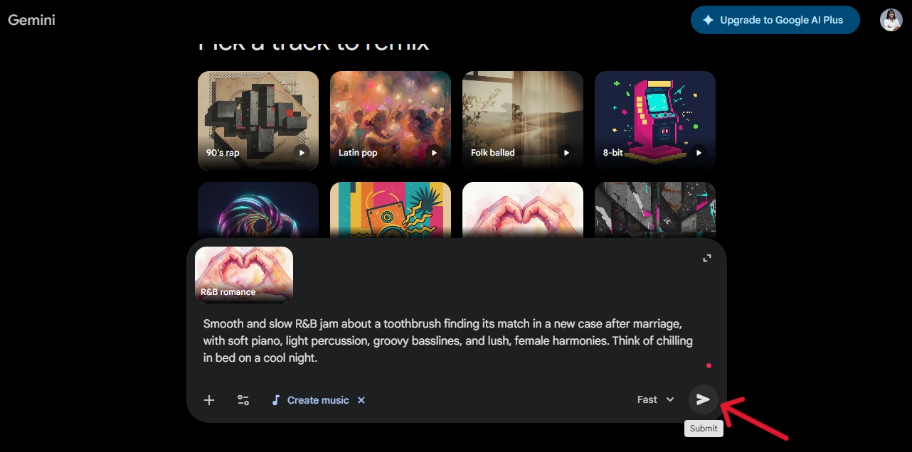 Submit button to be pressed after all necessary customizations have been made in Google Gemini