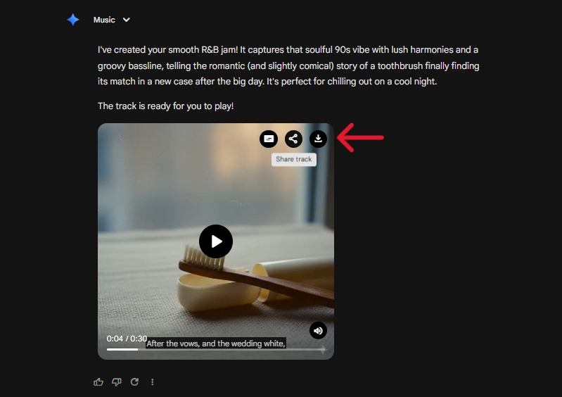 Subtitle customization, sharing, and download options for generated track in Google Gemini