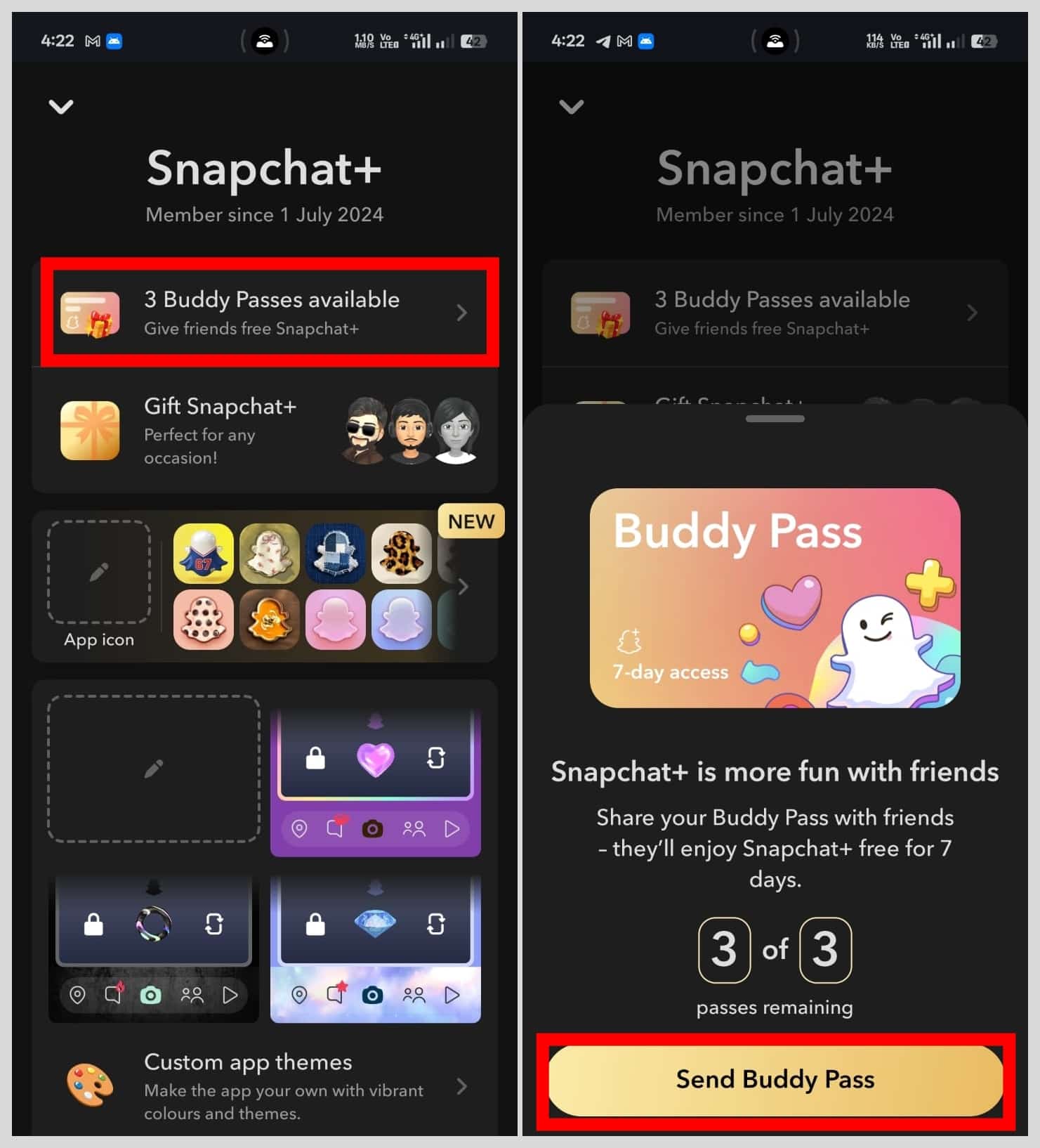 Tap Buddy Passes, select Send Buddy Passes, choose a friend, and tap Send
