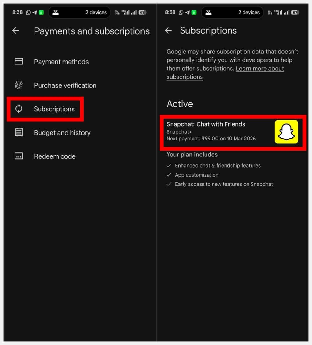 Tap Subscriptions, then from the active subscriptions list, tap Snapchat
