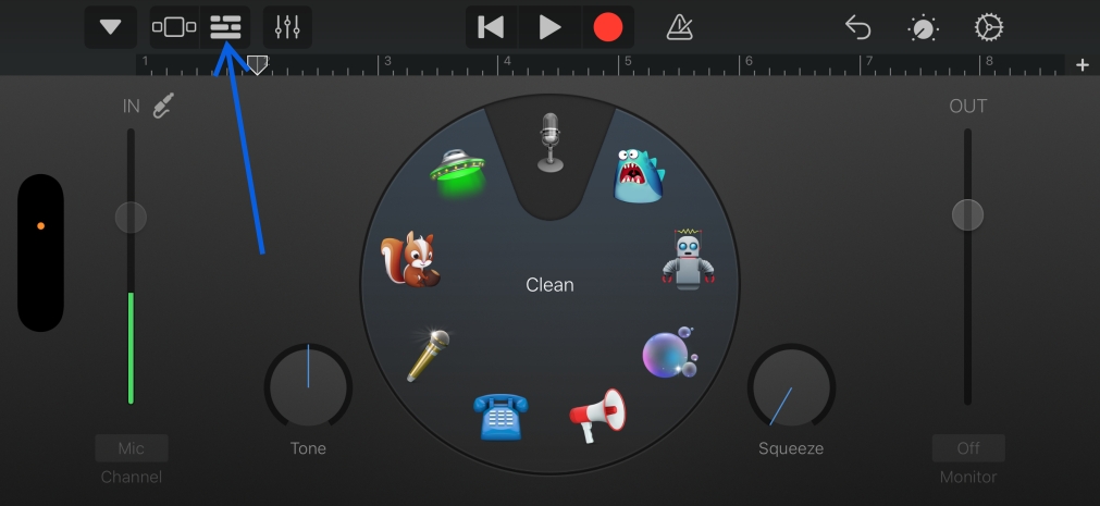 Tap gray lines in top left corner to switch to track view in GarageBand