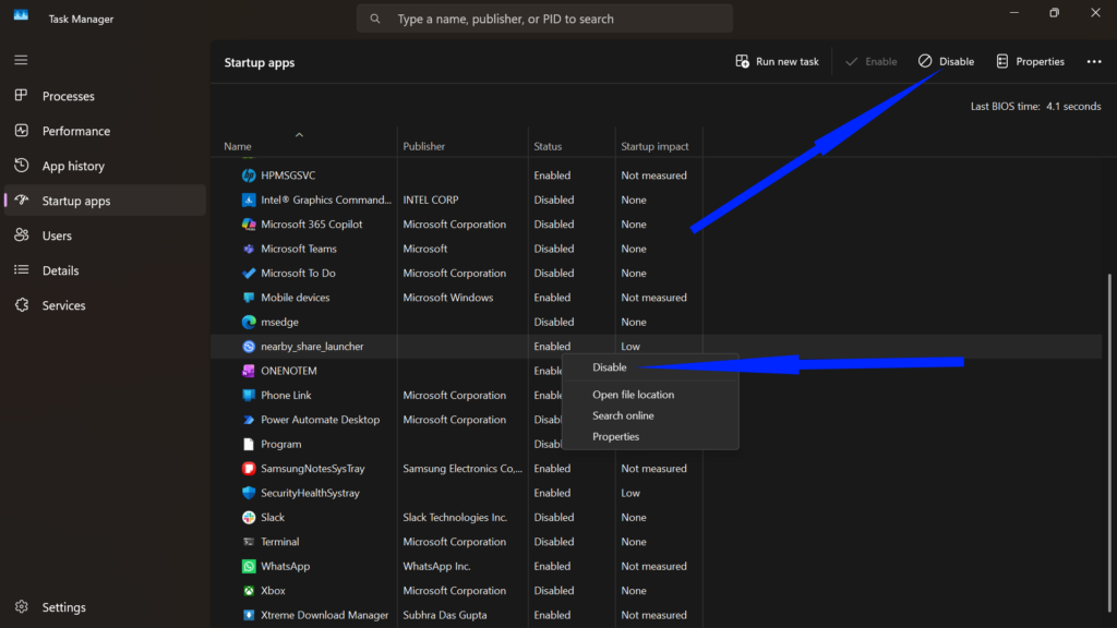 Task Manager Startup apps tab with an arrow pointing to the Disable button for managing boot processes.
