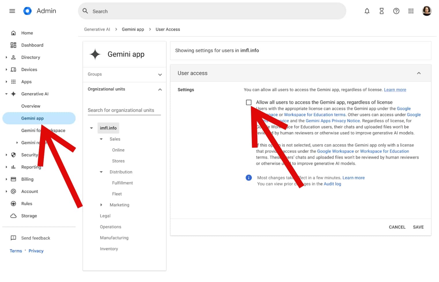The Gemini app tab open in Google Admin console.