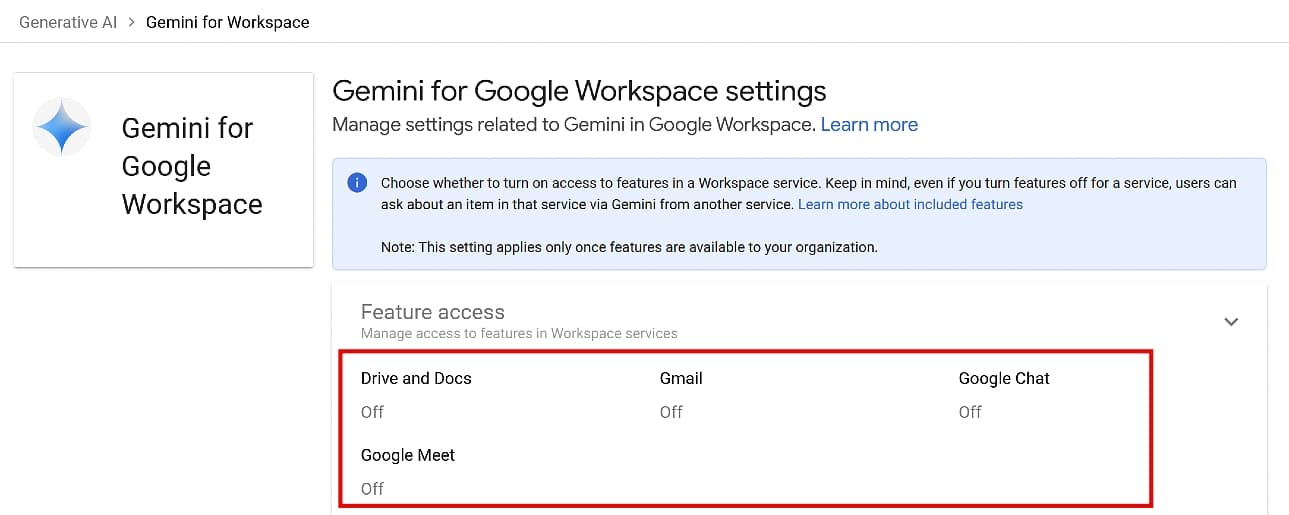 The Gemini for Google Workspace tab open in Google Admin console.