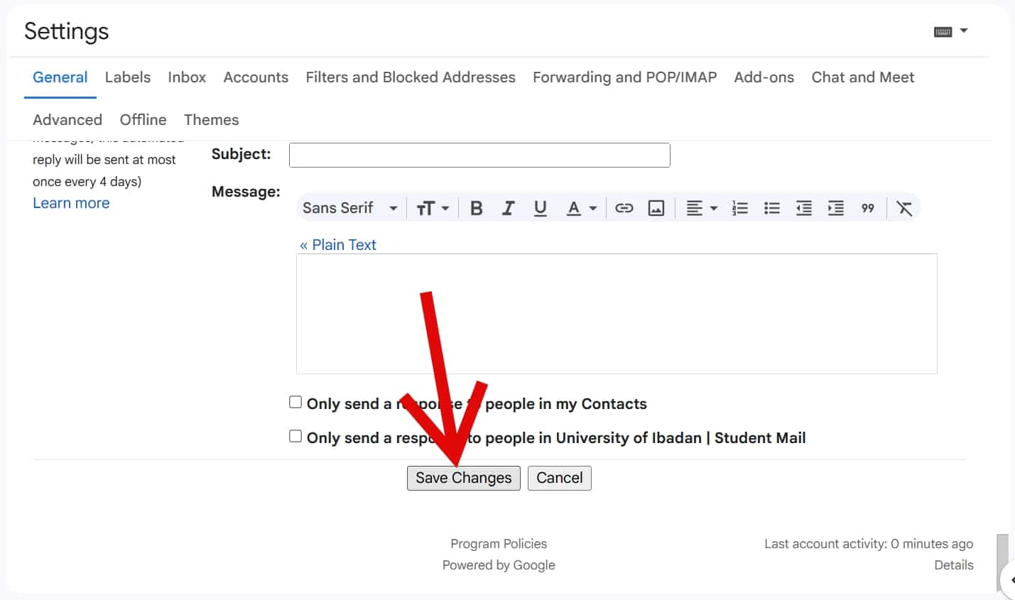 The save changes in Gmail on desktop web browser