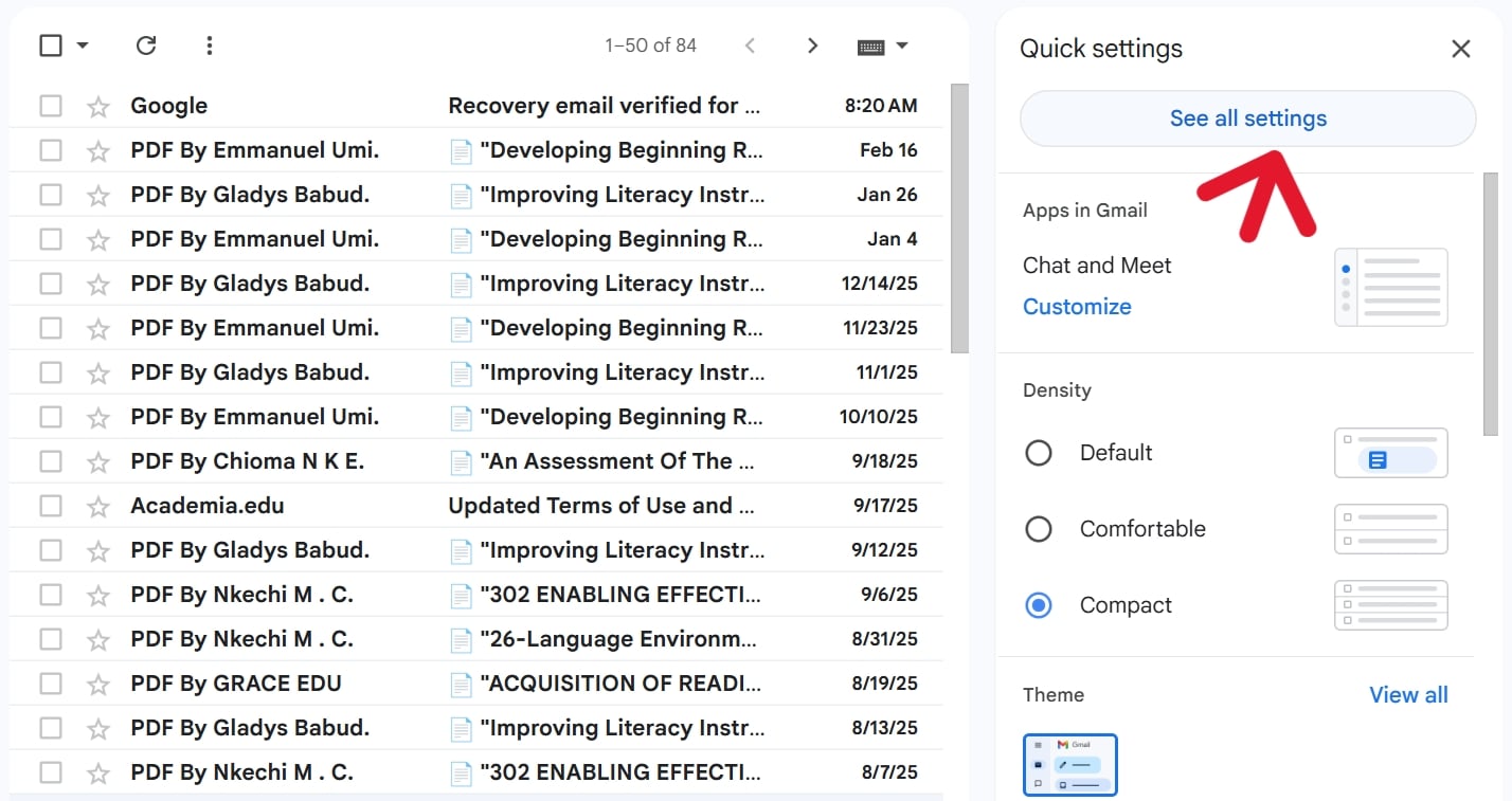 The see all settings option under Quick Settings in Gmail