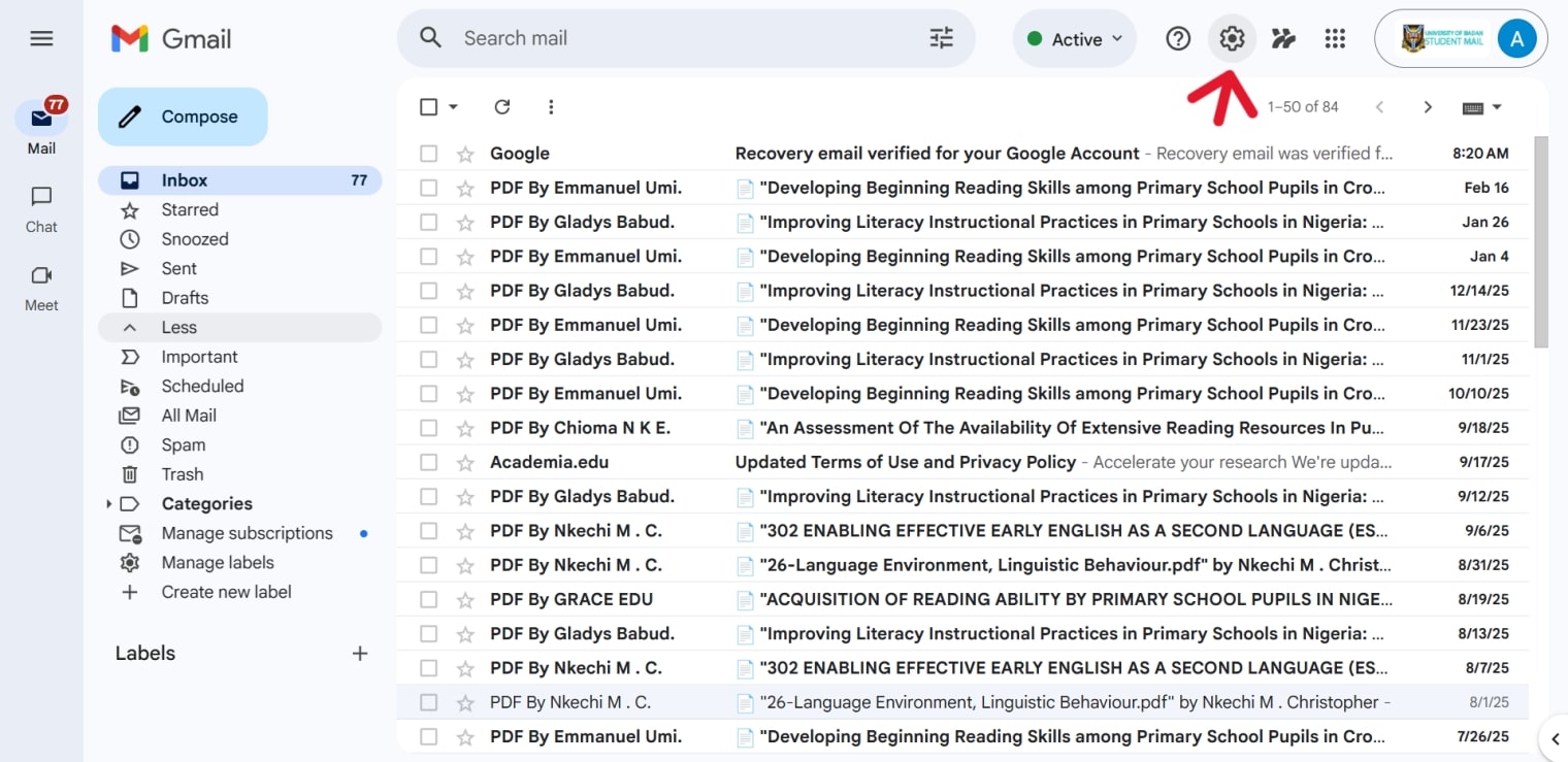 The settings gear icon on Gmail homepage in a web browser