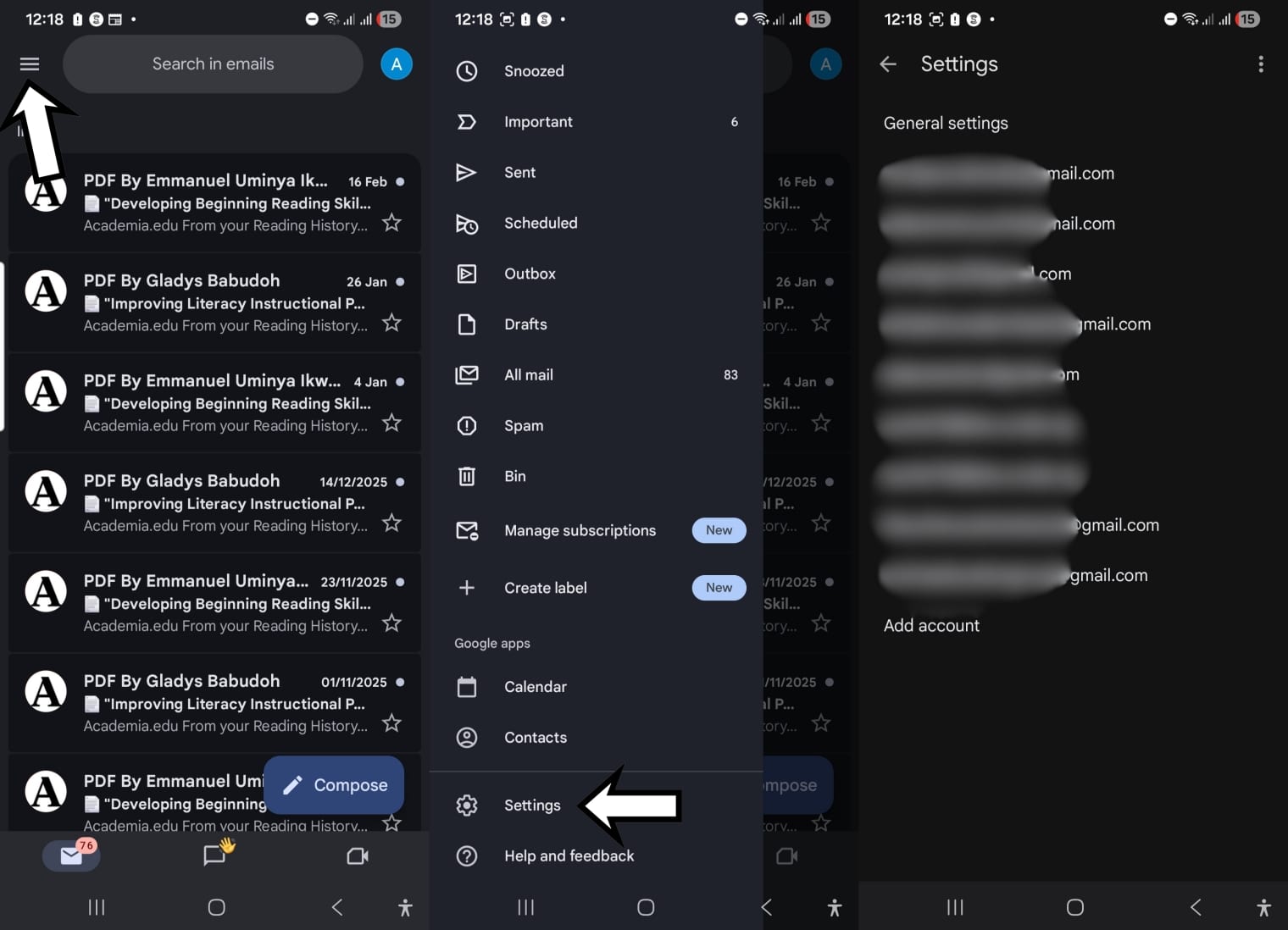 The steps for navigating to settings page for a specific email address in Gmail