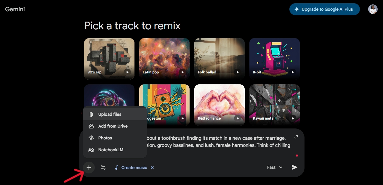 Upload options in prompt customization bar in Google Gemini