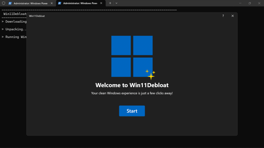 Welcome screen of the Win11Debloat graphical interface with a large Start button.