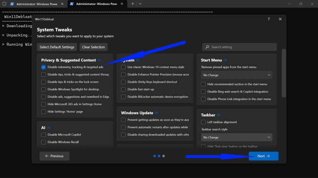 Welcome screen of the Win11Debloat graphical interface with a large Start button.