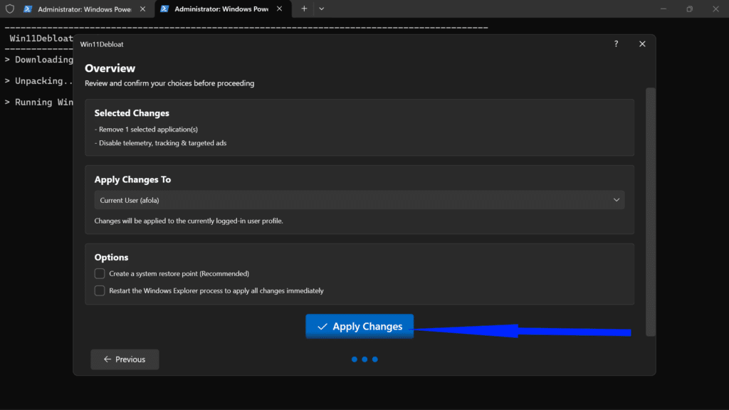 Welcome screen of the Win11Debloat graphical interface with a large Start button.