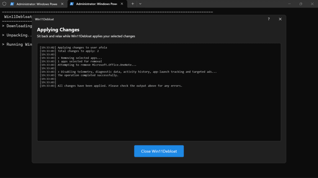 Welcome screen of the Win11Debloat graphical interface with a large Start button.
