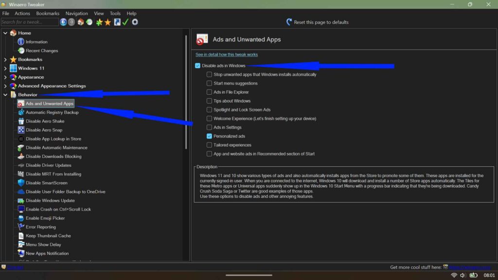 Winaero Tweaker Ads and Unwanted Apps section with the Disable ads in Windows toggle enabled.