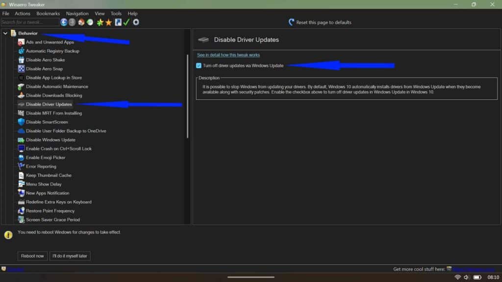 Winaero Tweaker Behavior menu showing the Disable Driver Updates setting.