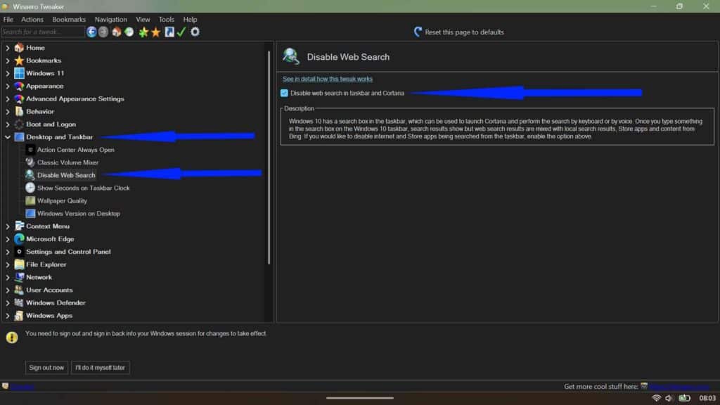 Winaero Tweaker Desktop and Taskbar settings menu featuring the option to disable web search in the taskbar and Cortana.
