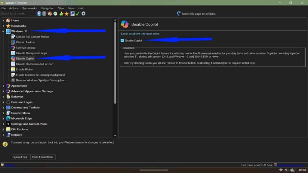Winaero Tweaker Windows 11 section highlighting the toggle to fully disable Microsoft's AI-powered Copilot feature.